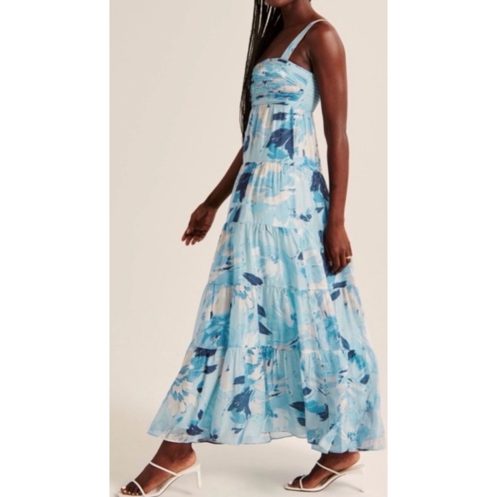 Abercrombie & Fitch Blue Floral Tiered Maxi Dress Ruched Bodice Large